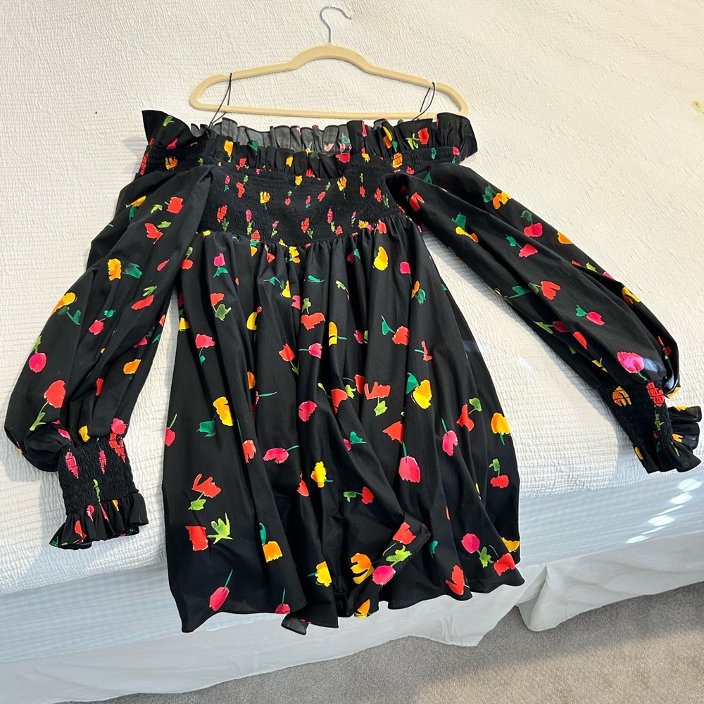 Caroline Constas off the shoulder smocked tulip print dress